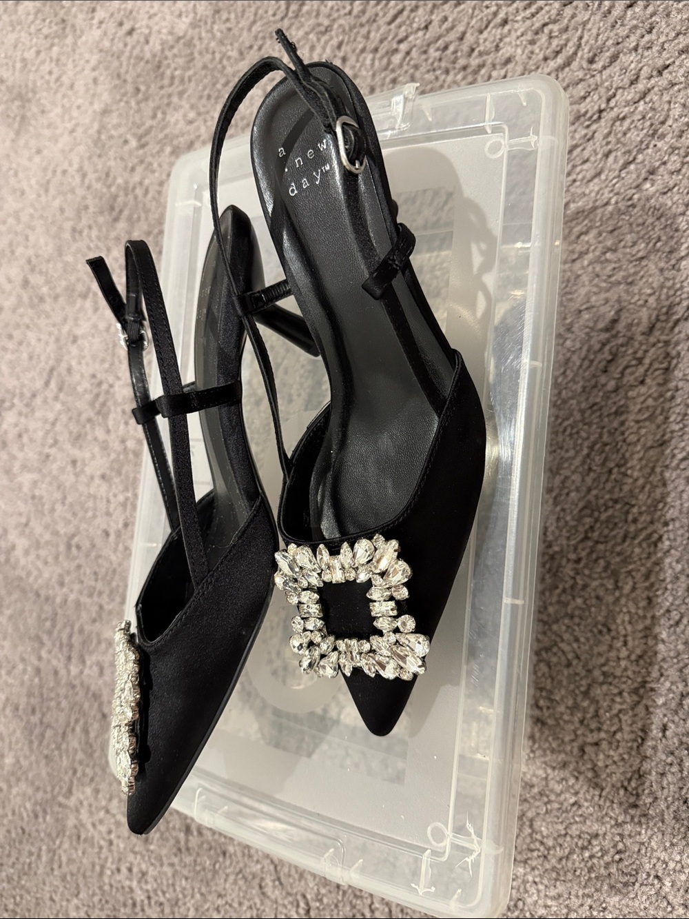 a new day Black Satin Pointed Slingback Heels with Crystal Buckle - Picture 3 of 3